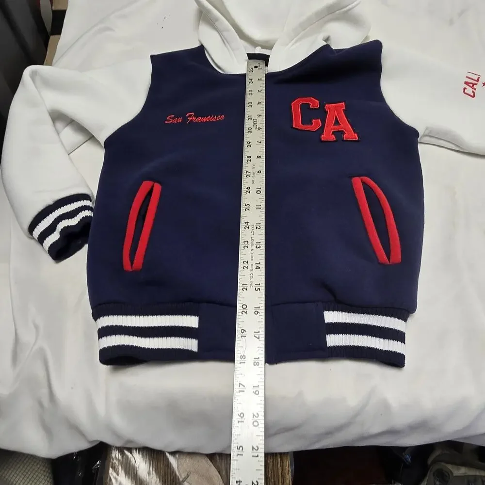 California Citywear Youth Jacket W/Hoodie Embroidered Patches Size 8 Blue White